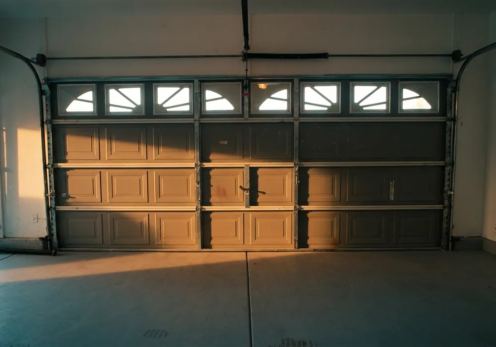 The same garage with the door rebuilt and closed