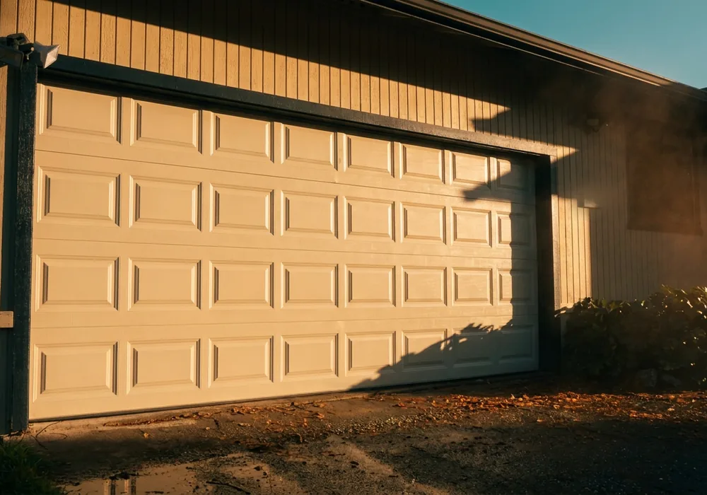 The same opening with a new sectional door fitted and closed