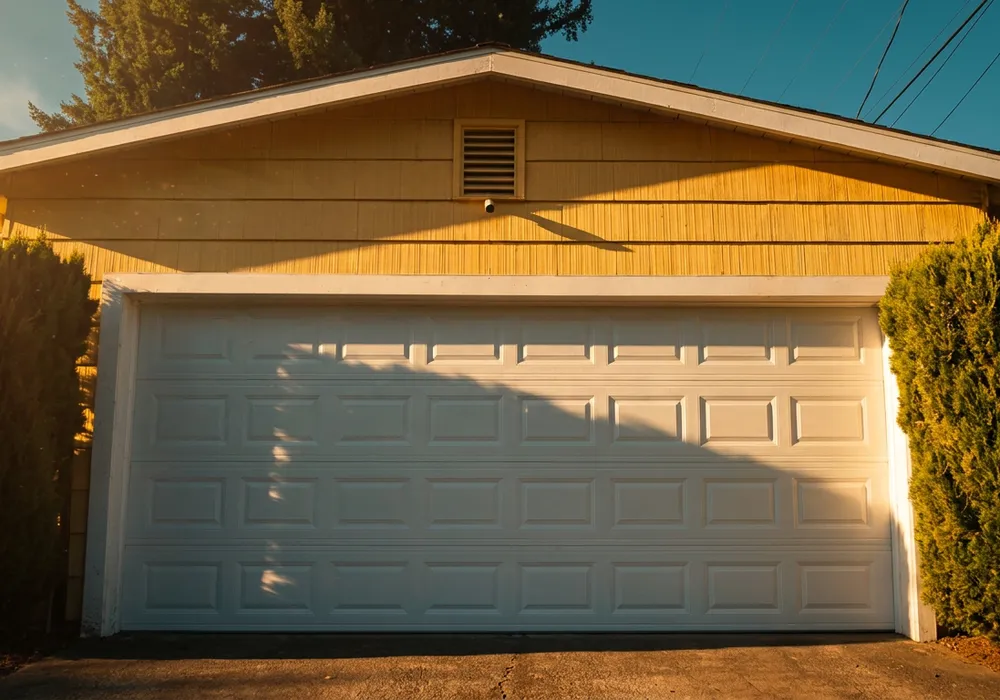 The same garage with a new white raised-panel door