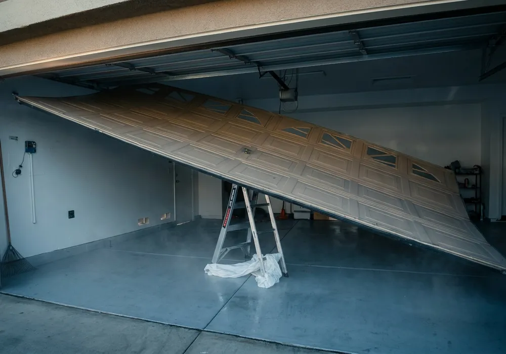 Collapsed garage door propped up inside the garage