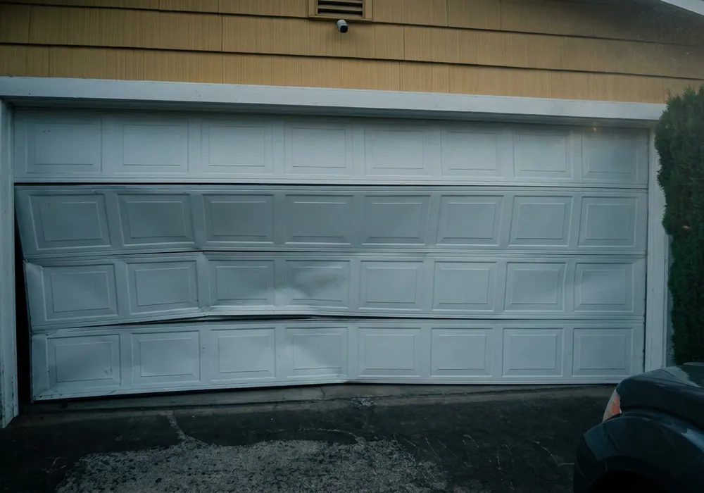 Buckled panels on a white garage door of a yellow-sided garage